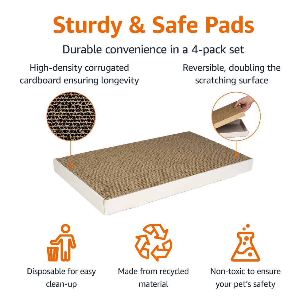 Amazon Basics corrugated cardboard scratcher with reversible surfaces extends use and value.