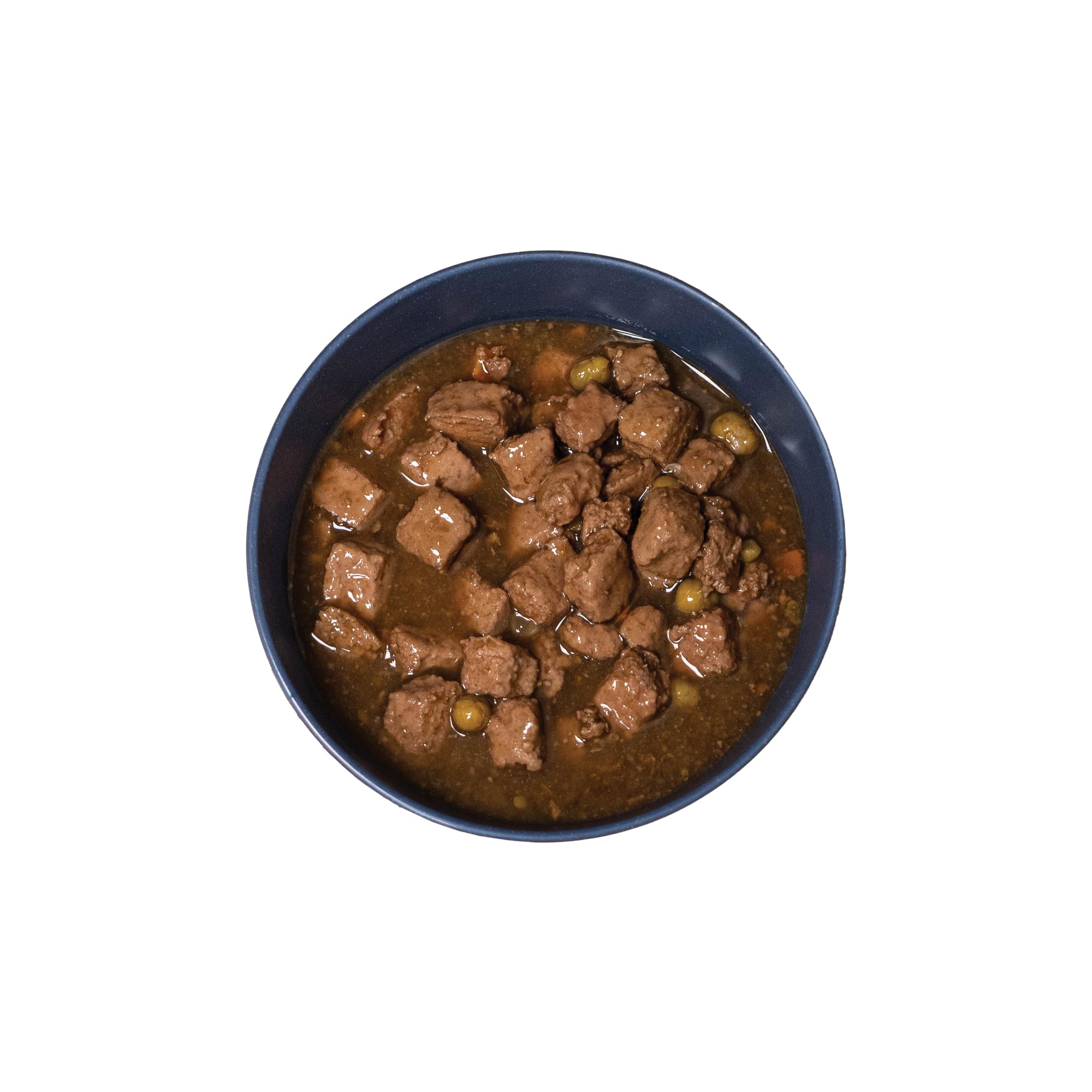 Country Stew in gravy with beef chunks delivers moist texture
