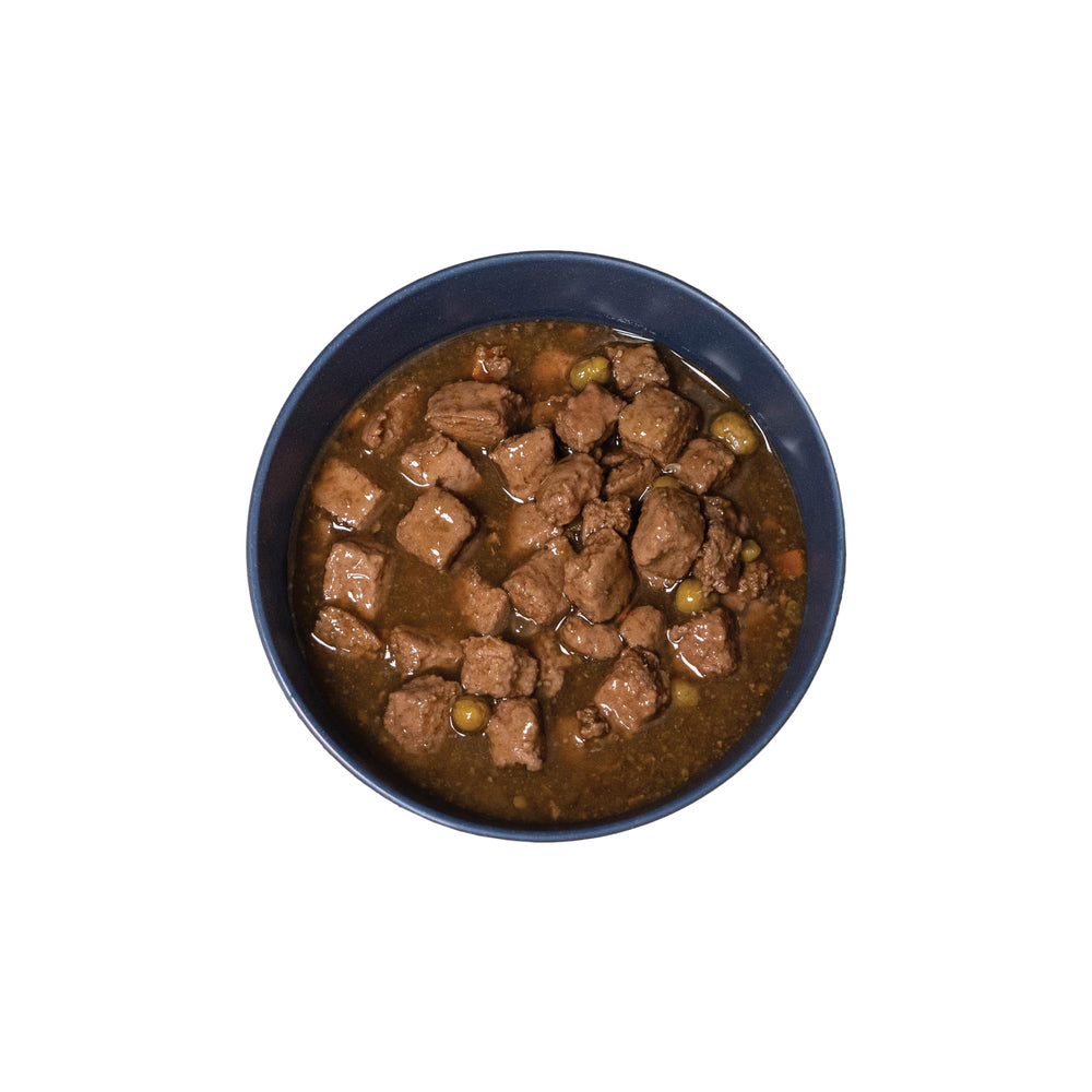 Country Stew in gravy with beef chunks delivers moist texture