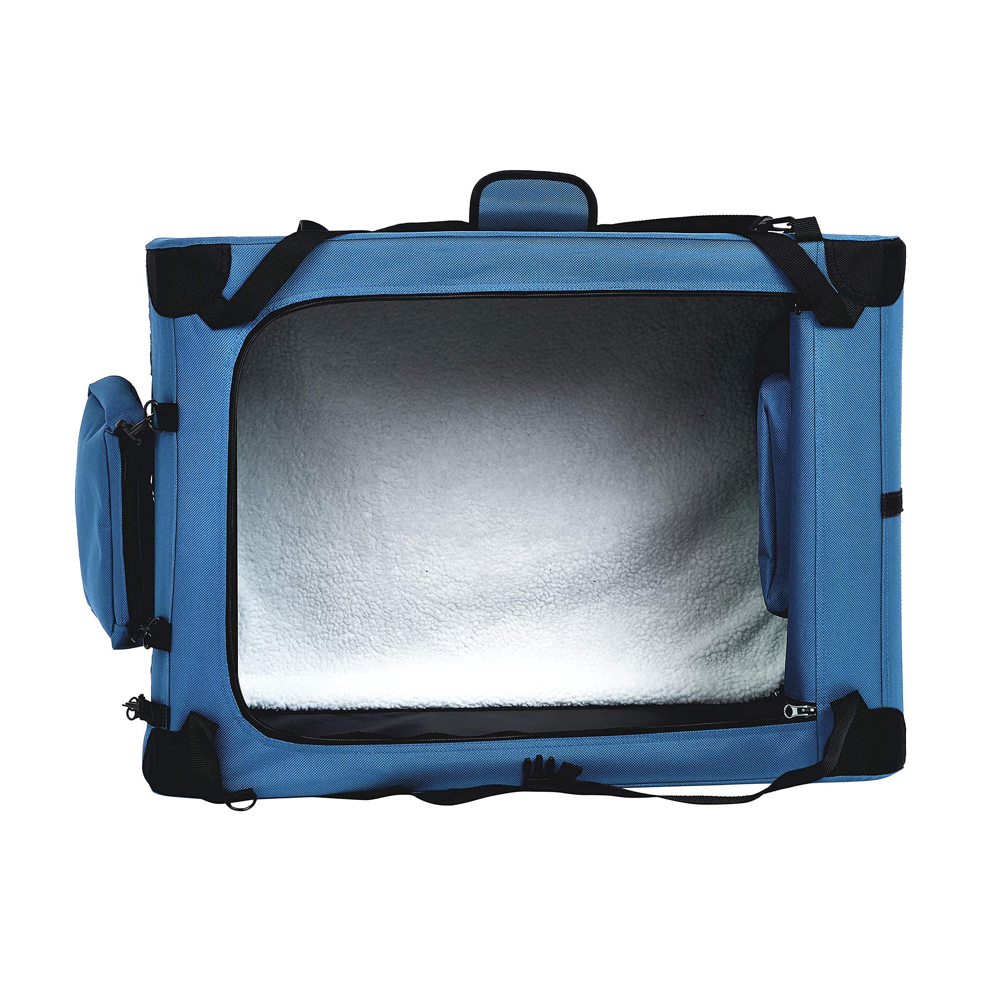 Amazon Basics crate features a shoulder strap and top handle for portability.