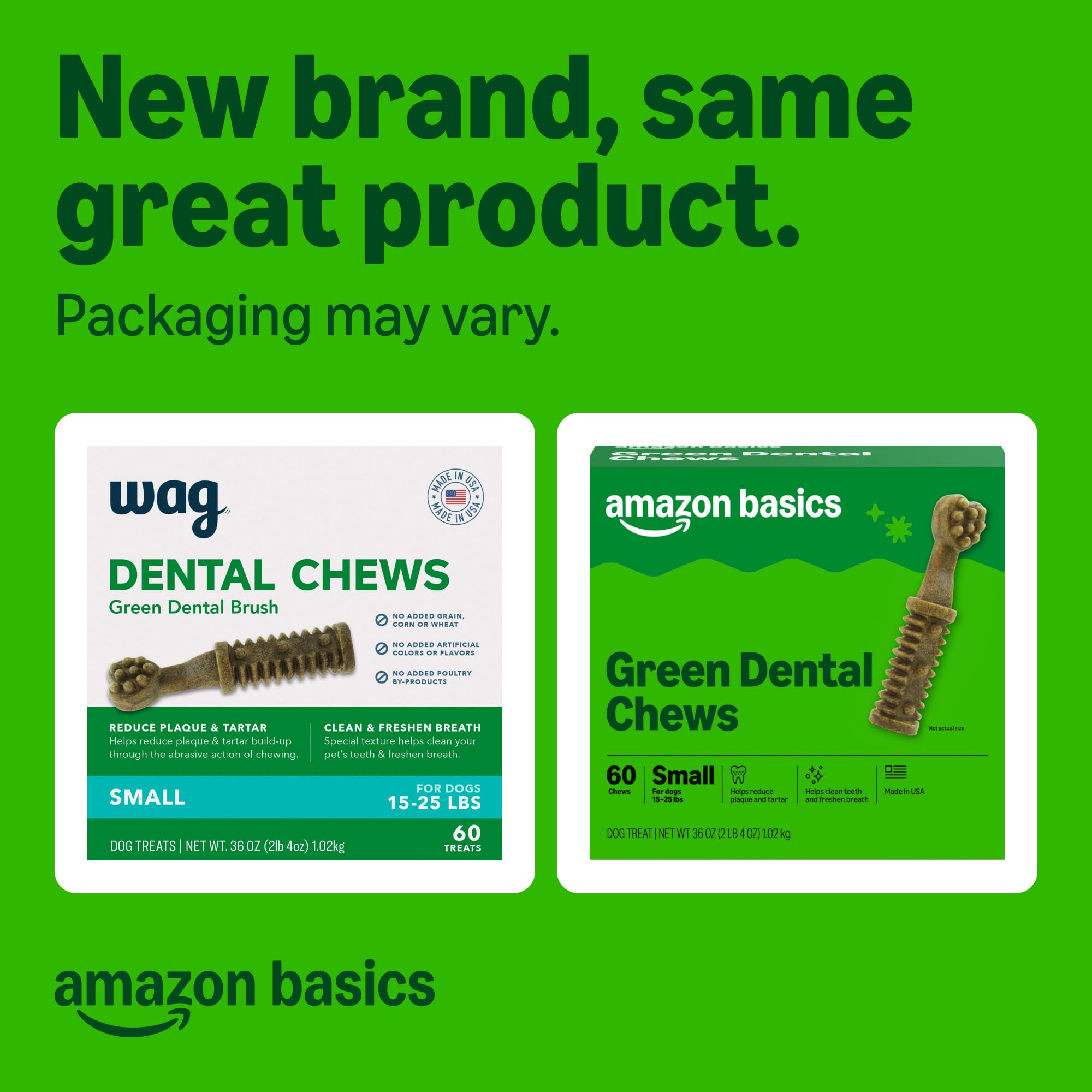 Amazon Basics dental chews with textured surface ideal for plaque removal.