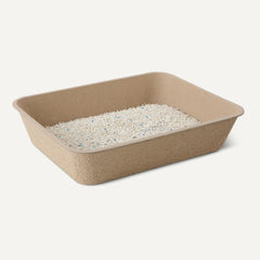 Amazon Basics disposable cat litter box setup-ease illustration shows quick assembly for busy households.