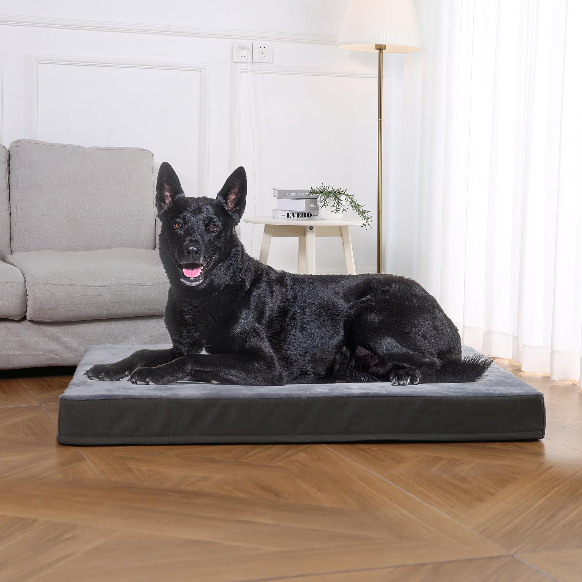 Amazon Basics dog bed in soft grey polyester cover that's easy to maintain