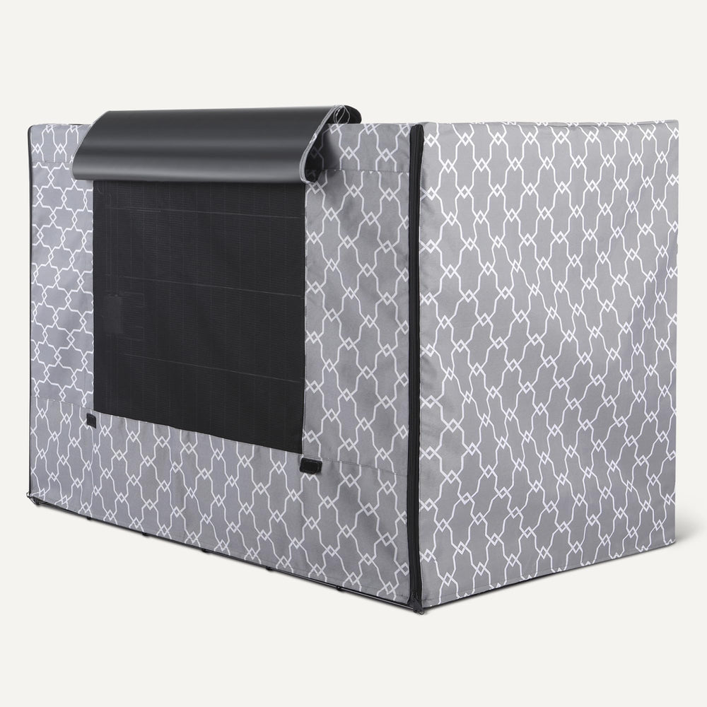 Amazon Basics dog cage cover features zippered panels for customization