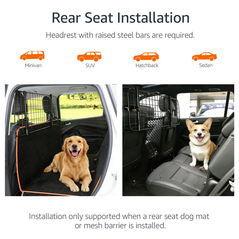 Amazon Basics dog car barrier behind the rear seat in full-coverage setup