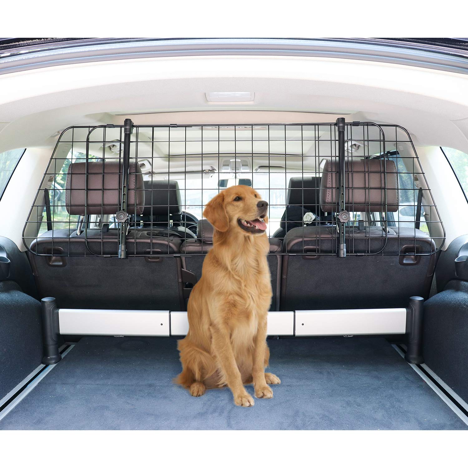 Amazon Basics dog car barrier shown with adjustable side panels for a snug fit