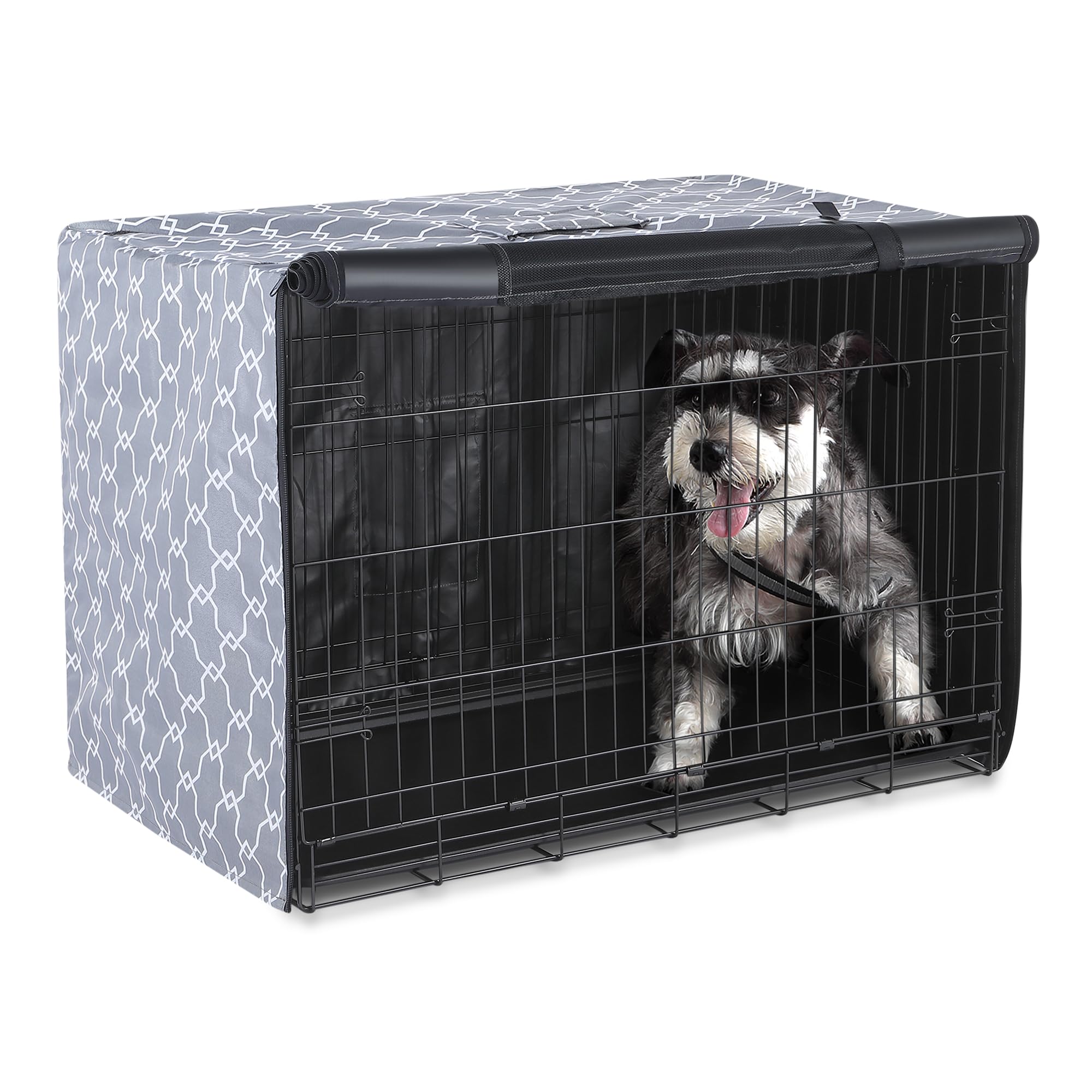 Amazon Basics dog crate cover on a 36-inch crate providing den-like privacy