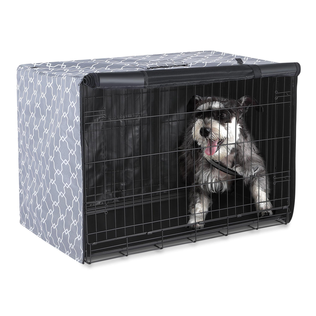 Amazon Basics dog crate cover on a 36-inch crate providing den-like privacy