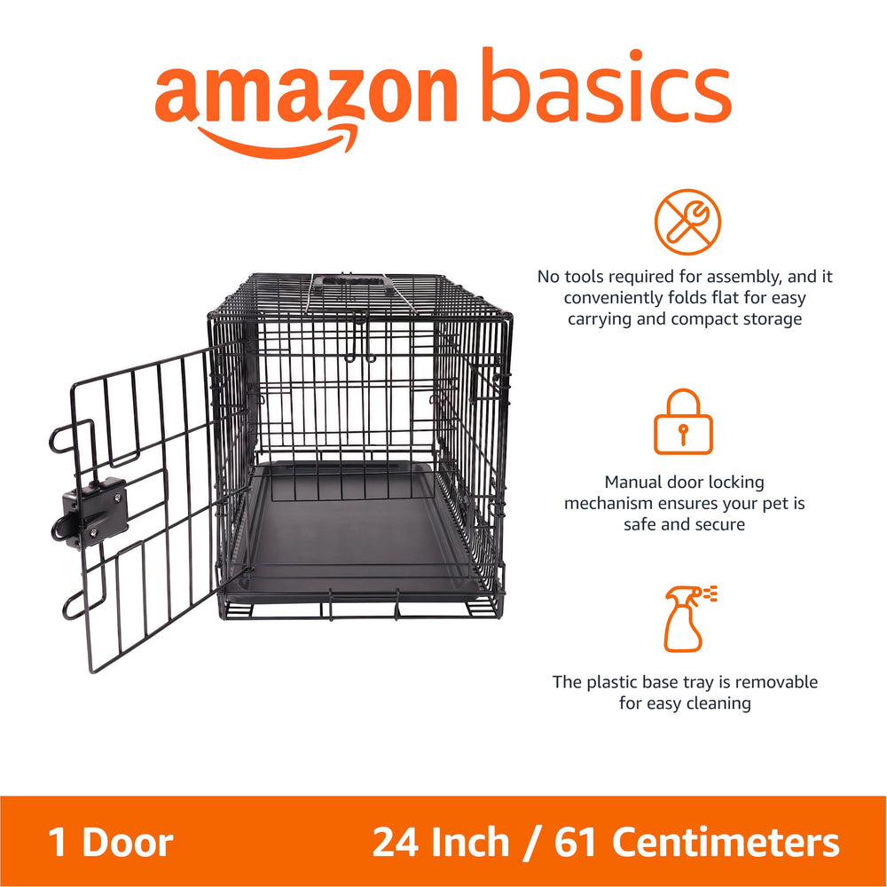 Amazon Basics dog crate with divider panel for adjustable interior space.