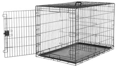 Amazon Basics dog crate door access shows secure containment and quick setup for large dogs.