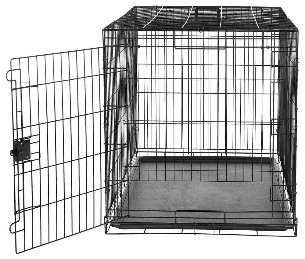 Amazon Basics dog crate folded for compact storage and effortless travel.