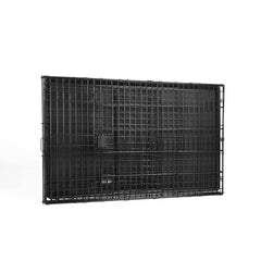 Amazon Basics dog crate folded flat with top carry handle for transport or storage.