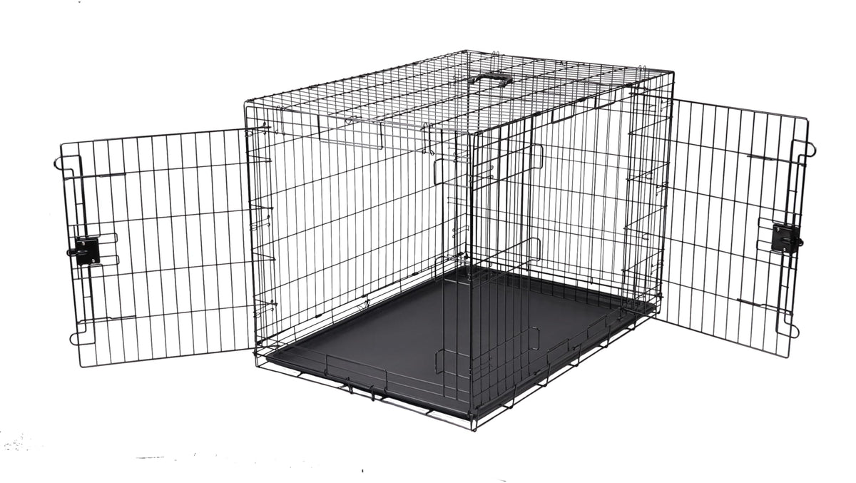 Amazon Basics 42-inch dog crate front view showing dual doors for easy access
