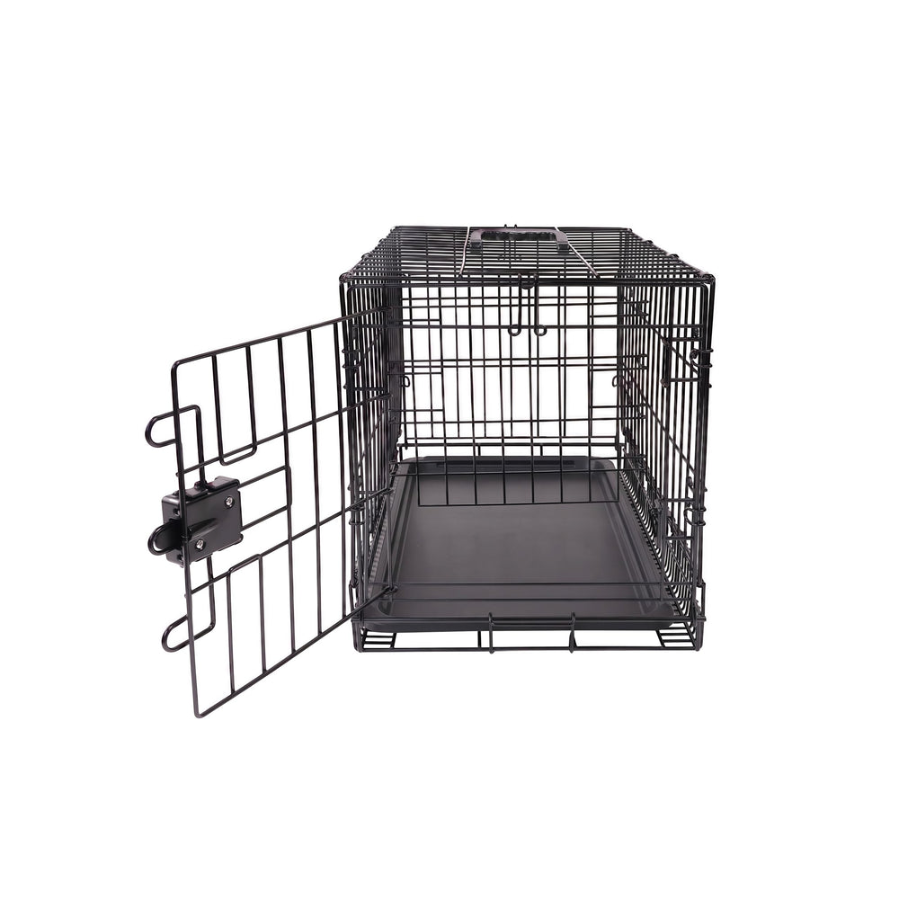 Amazon Basics dog crate with removable tray for quick cleaning.