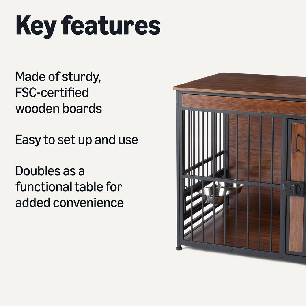 Amazon Basics dog crate with furniture-style design used as a side table for decor