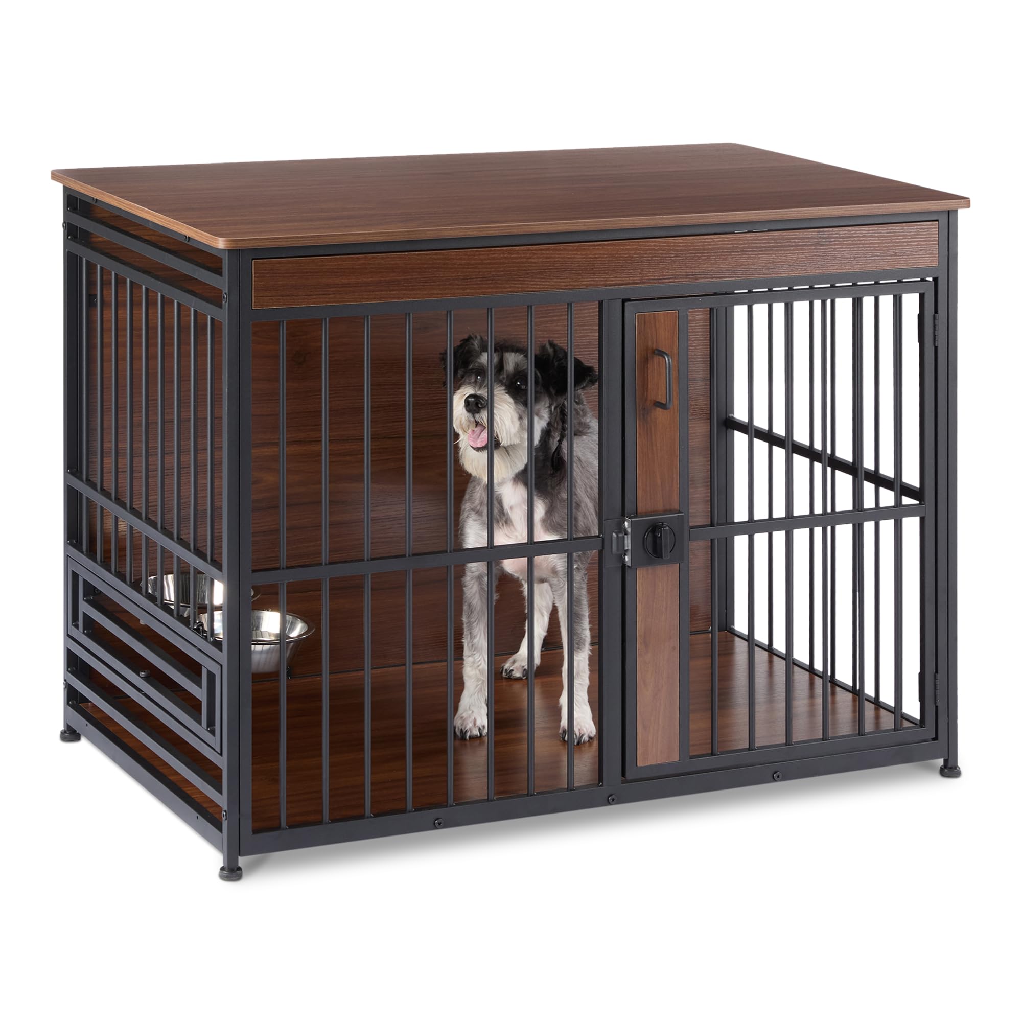 Amazon Basics 41-inch walnut dog crate with a wooden finish for sturdy containment