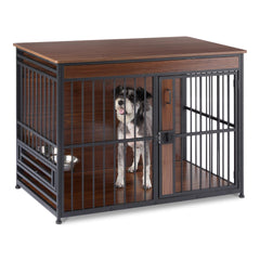 Amazon Basics 41-inch walnut dog crate with a wooden finish for sturdy containment