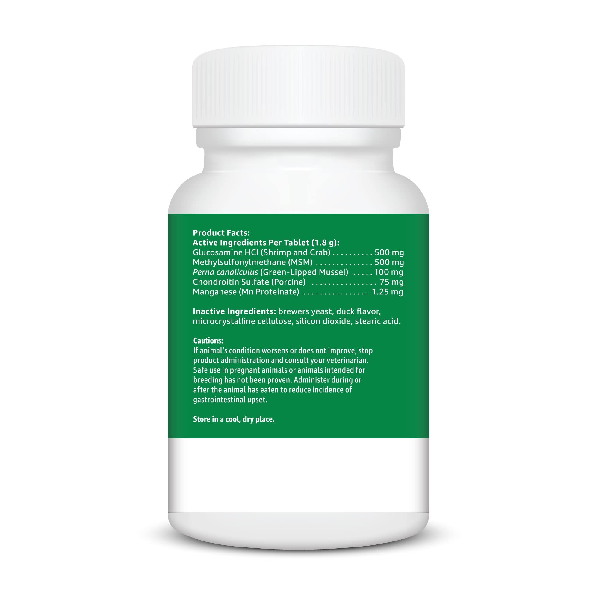 Amazon Basics hip joint ingredients label highlighting glucosamine MSM and chondroitin benefits