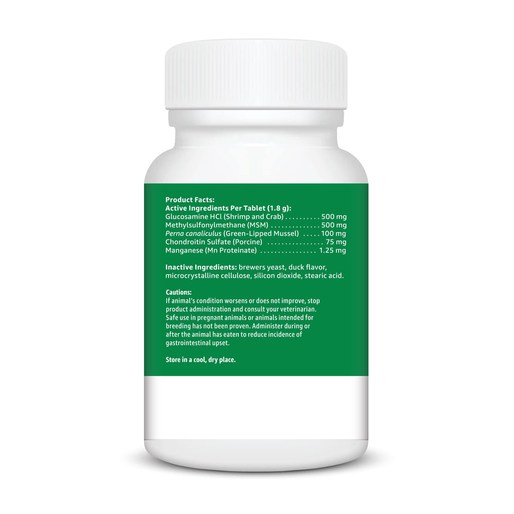Amazon Basics hip joint ingredients label highlighting glucosamine MSM and chondroitin benefits