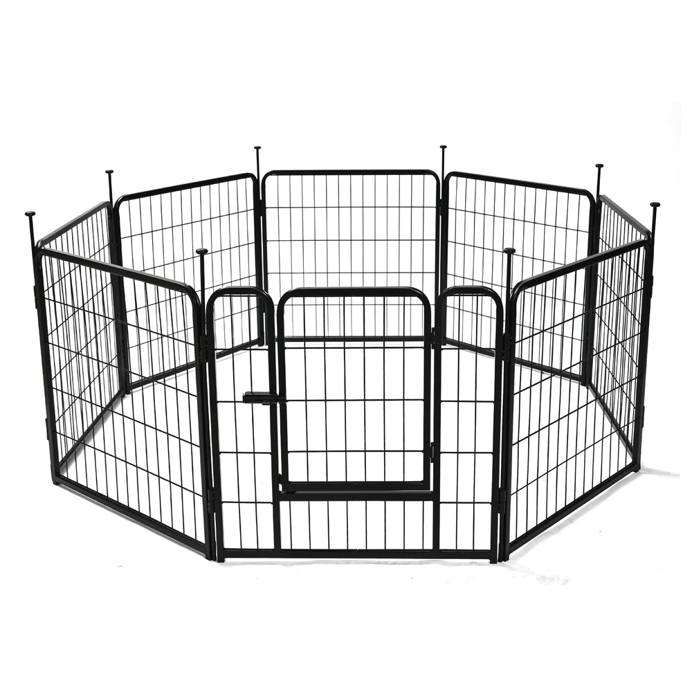 Amazon Basics dog playpen with 8 panels for versatile indoor or outdoor use.