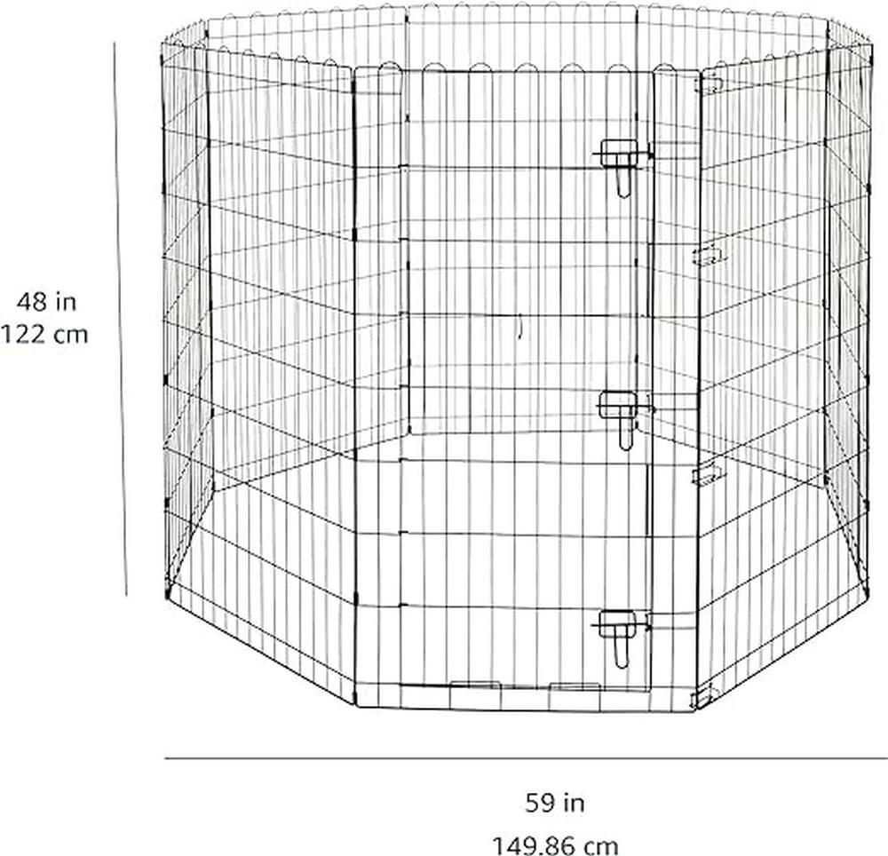 Amazon Basics dog playpen with door latch offers secure access for pets.