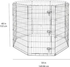 Amazon Basics dog playpen with door latch offers secure access for pets.