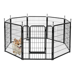 Amazon Basics dog playpen with a secure door latch enables safe entry and exit.
