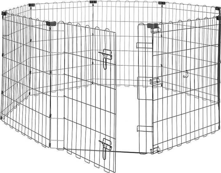 Amazon Basics dog playpen shows octagonal assembly for versatile layouts.