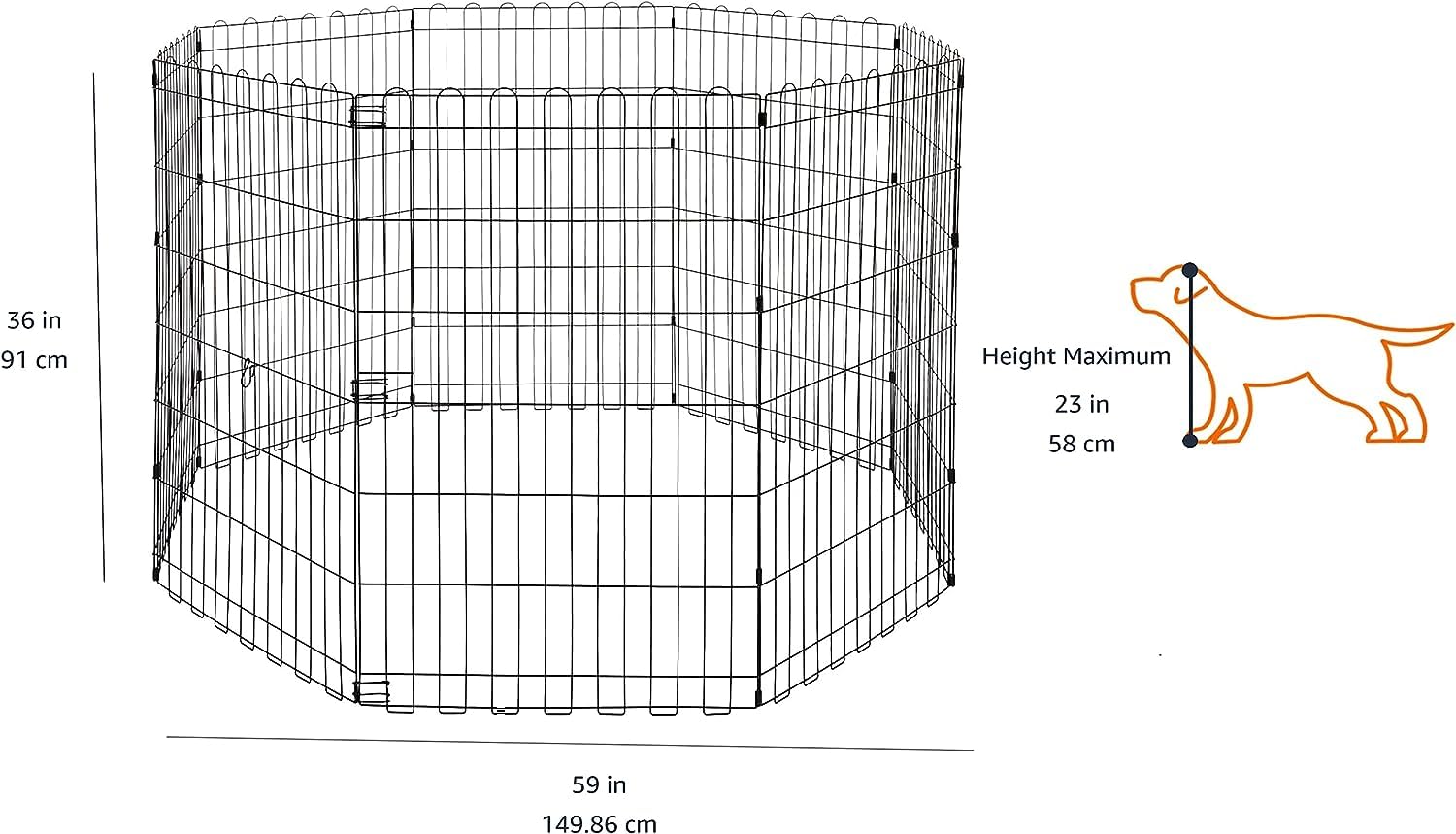 Amazon Basics dog playpen outdoors secured with ground anchors.