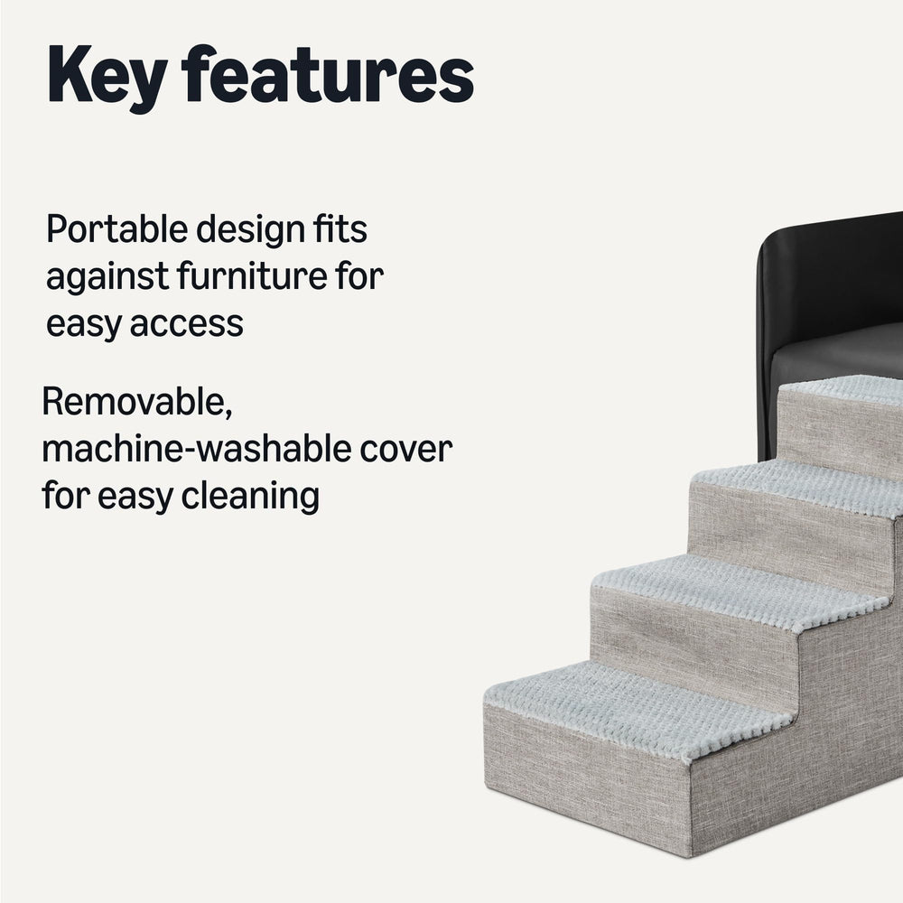 Amazon Basics dog steps folded beside a sofa offering portable rest and storage.
