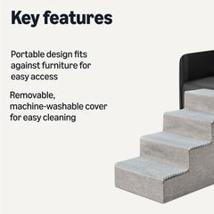 Amazon Basics dog steps folded beside a sofa offering portable rest and storage.