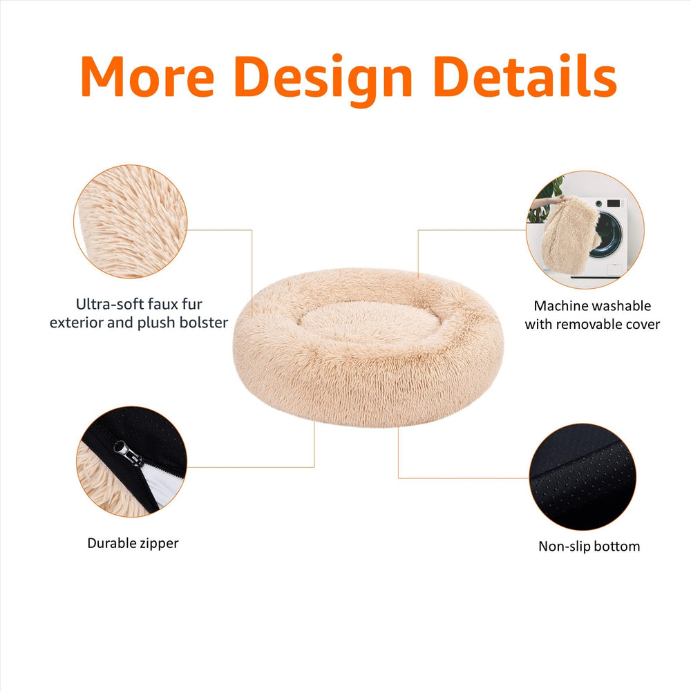 Amazon Basics donut bed close-up showing soft faux fur and plush bolster.