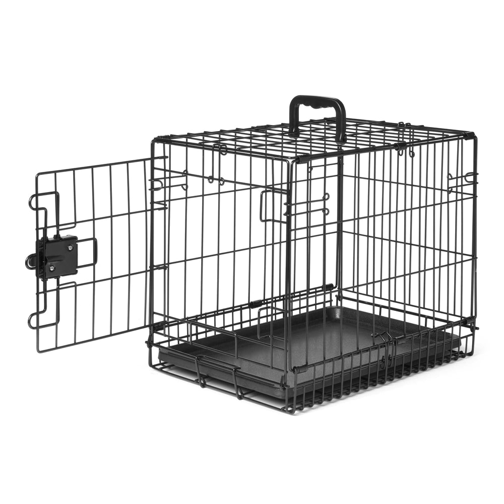 Amazon Basics dog crate with metal-wire assembly view for small breeds, secure and ventilated.