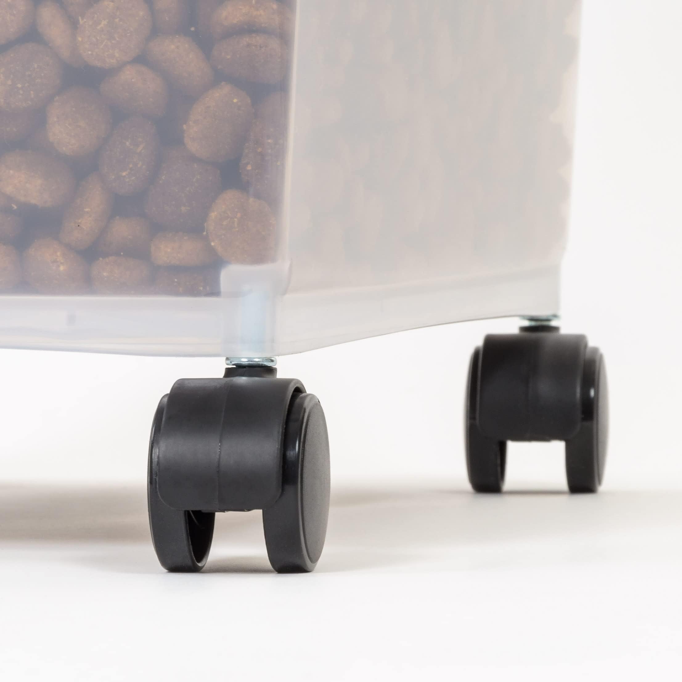 Amazon Basics durable pet food bin with lid and scoop for mess-free serving.