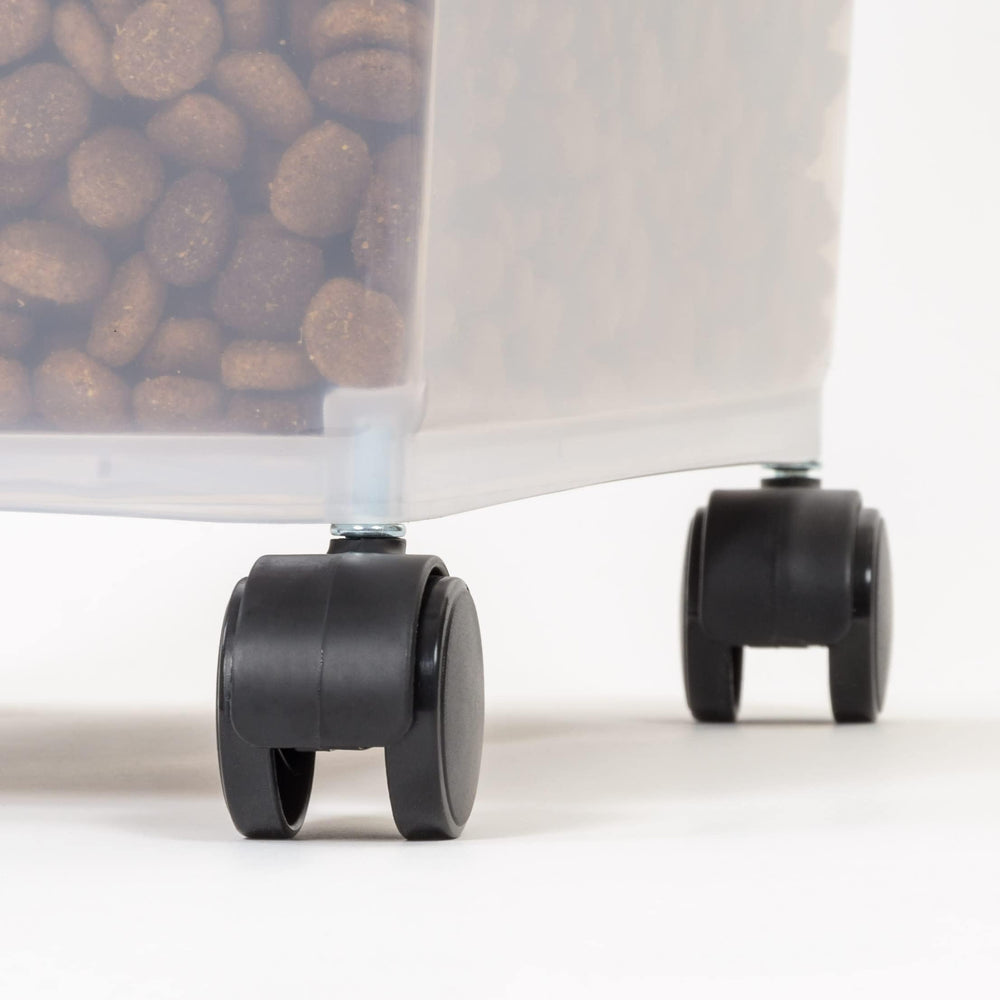 Amazon Basics durable pet food bin with lid and scoop for mess-free serving.