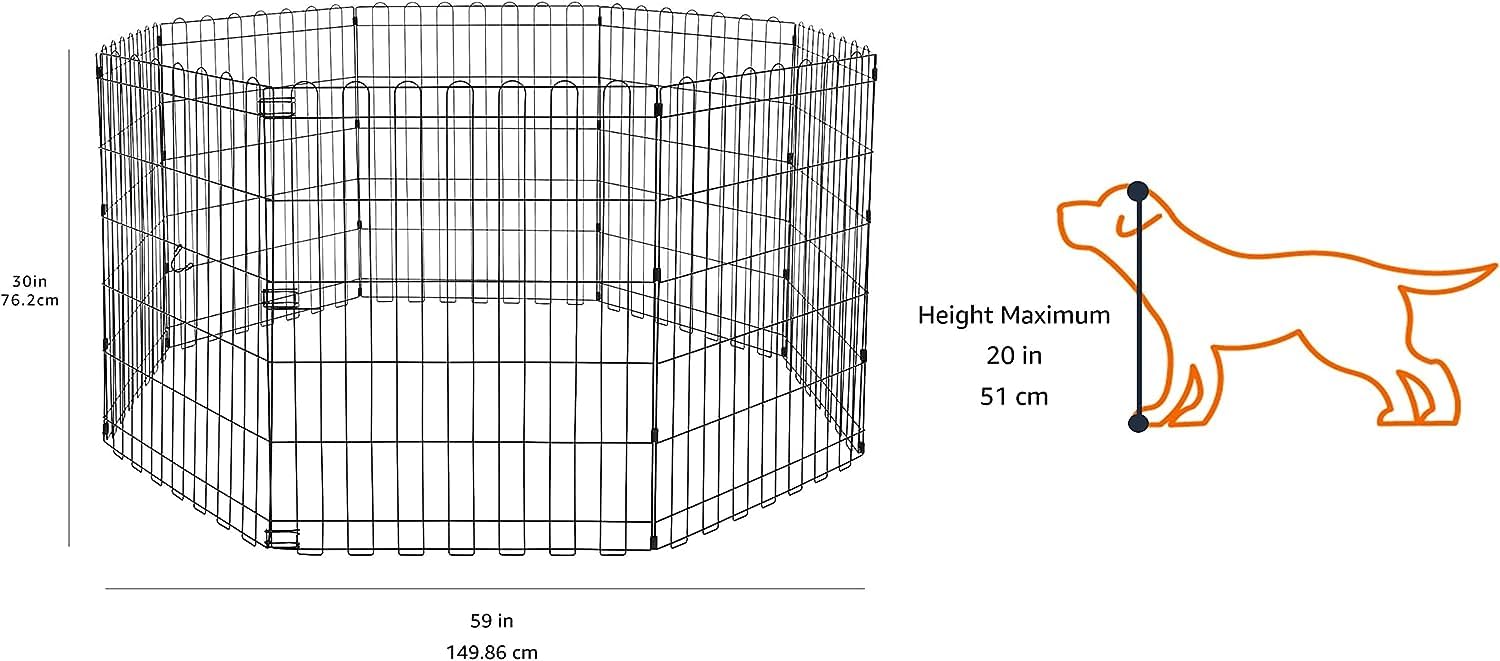 Amazon Basics eight-panel dog playpen used outdoors with ground anchors for stability.
