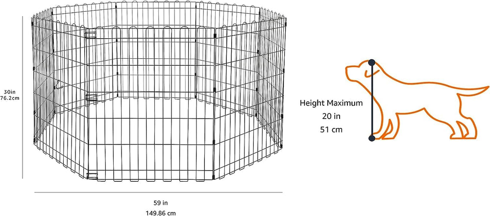 Amazon Basics eight-panel dog playpen used outdoors with ground anchors for stability.
