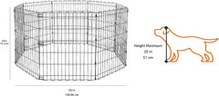 Amazon Basics eight-panel dog playpen used outdoors with ground anchors for stability.