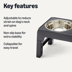 Amazon Basics elevated dog bowls stand demonstrates easy five-height adjustment for growing pets