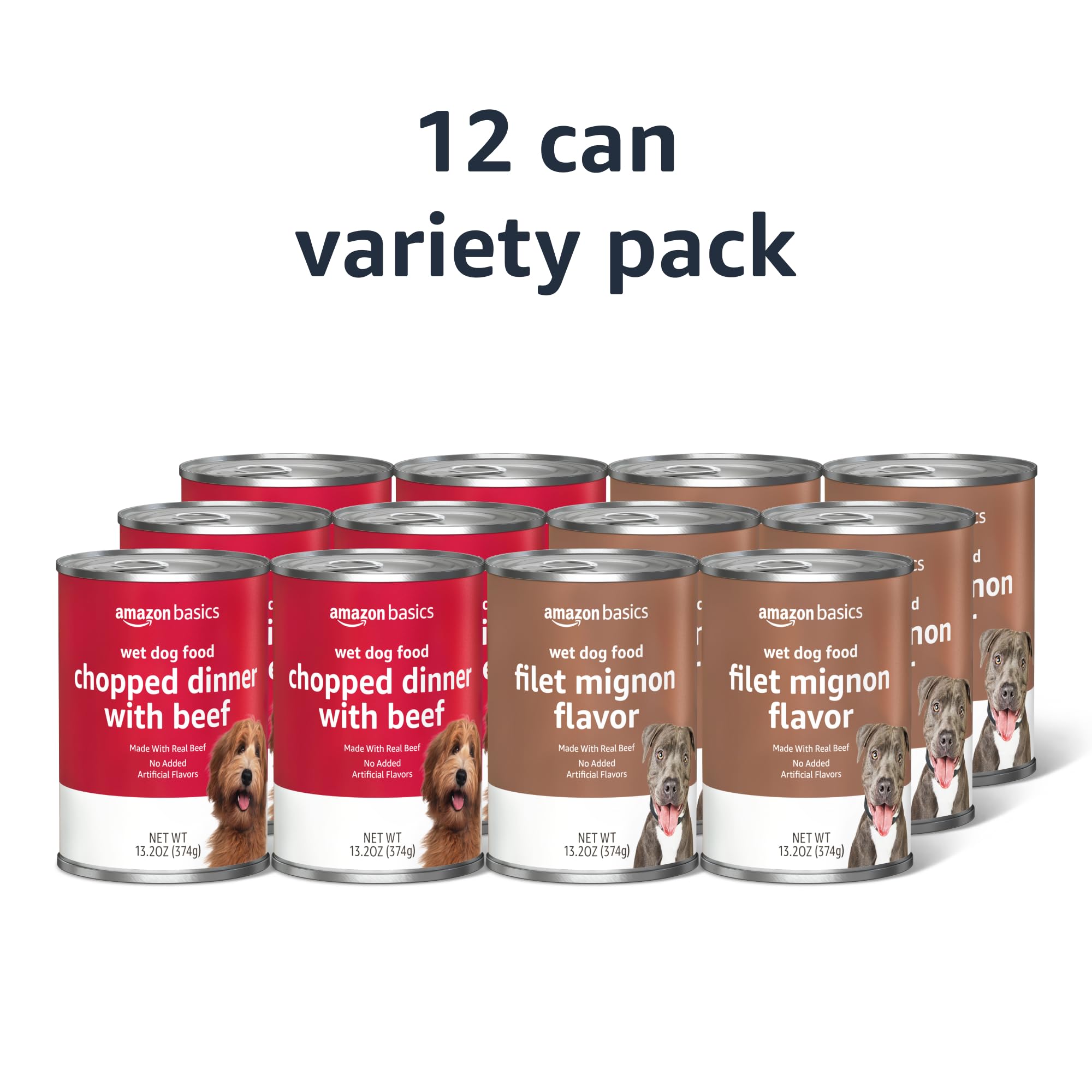 Amazon Basics filet mignon and beef can label showing natural ingredients.