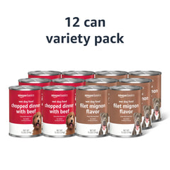 Amazon Basics filet mignon and beef can label showing natural ingredients.