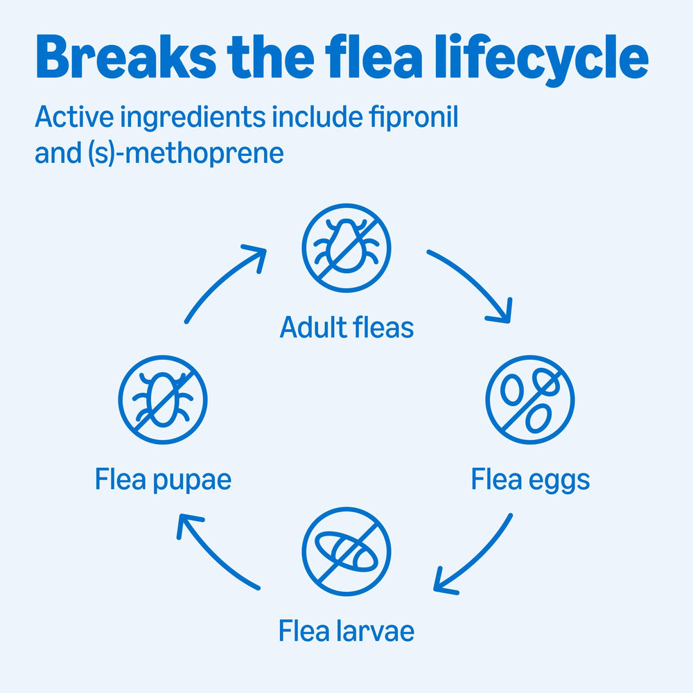 Active ingredients fipronil and (s)-methoprene target fleas, larvae, ticks, and lice.