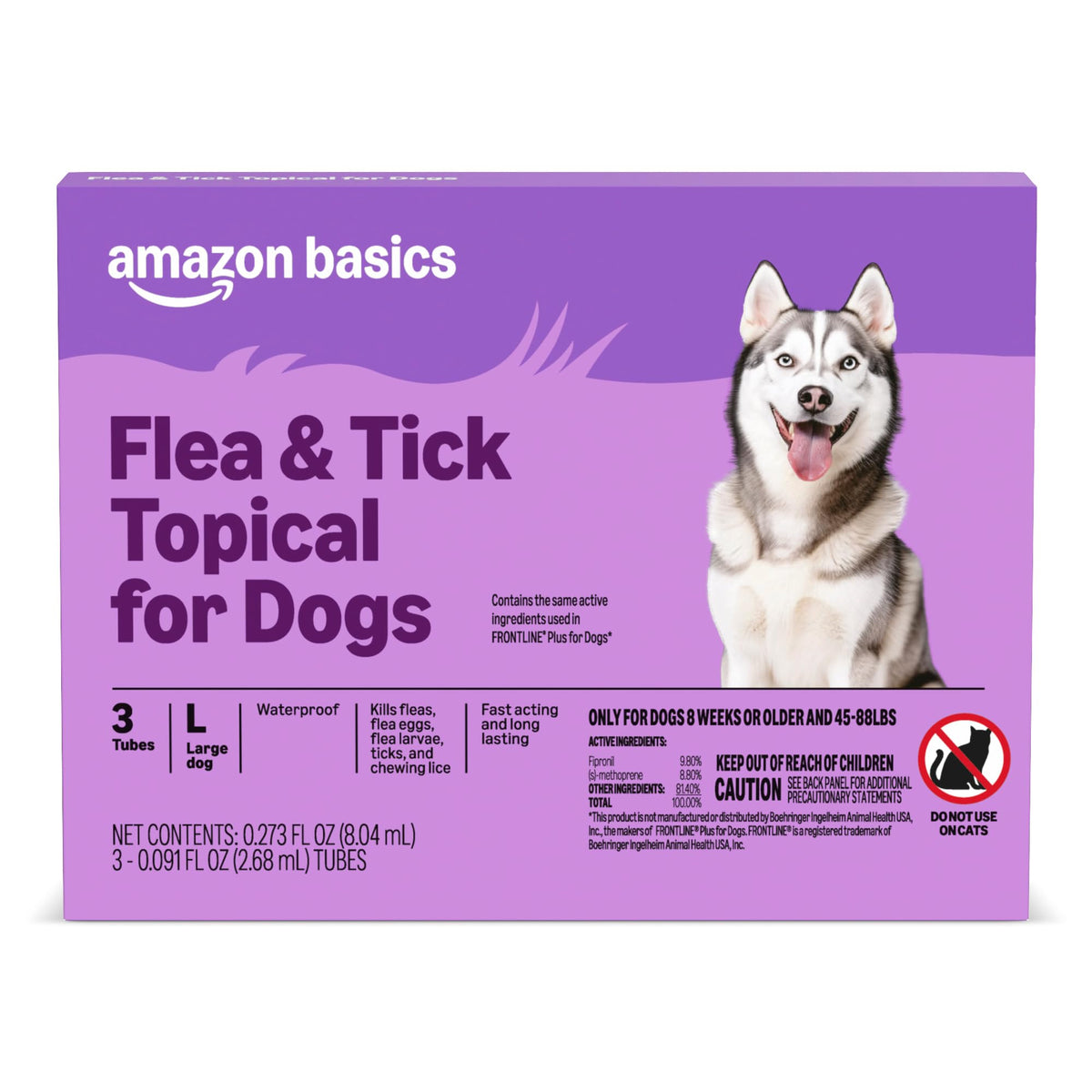 Amazon Basics flea and tick treatment for large dogs in a three-dose pack, ready for use.