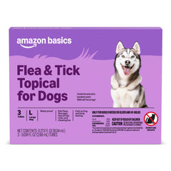Amazon Basics flea and tick treatment for large dogs in a three-dose pack, ready for use.
