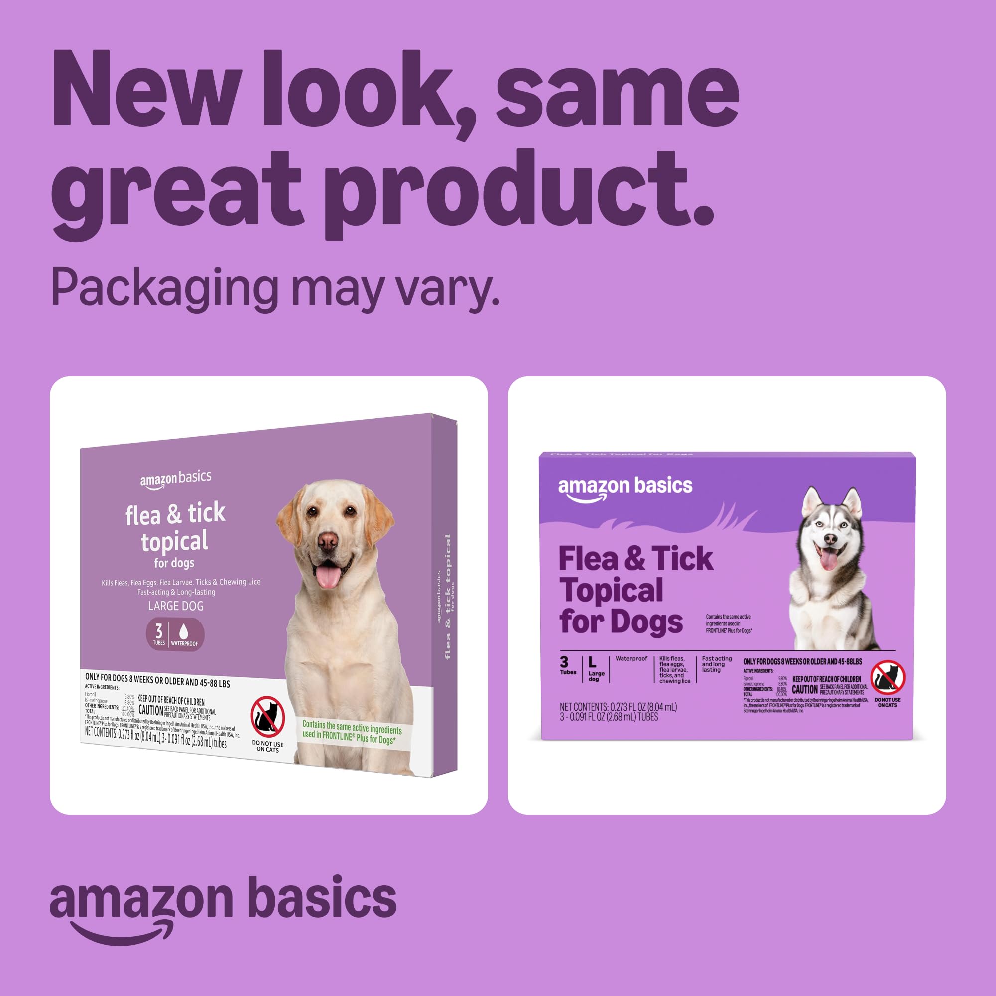 Amazon Basics flea and tick treatment for large dogs acts fast within 24 hours.