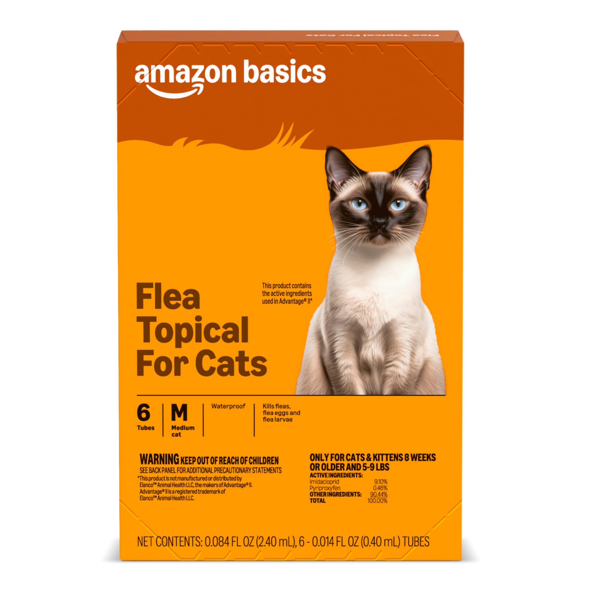 Amazon Basics flea treatment packaging for medium cats with six-dose monthly protection.