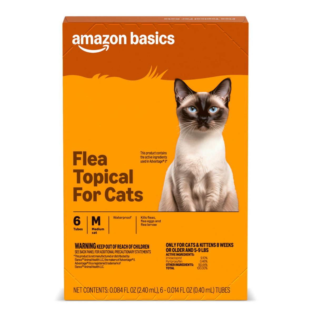 Amazon Basics flea treatment packaging for medium cats with six-dose monthly protection.