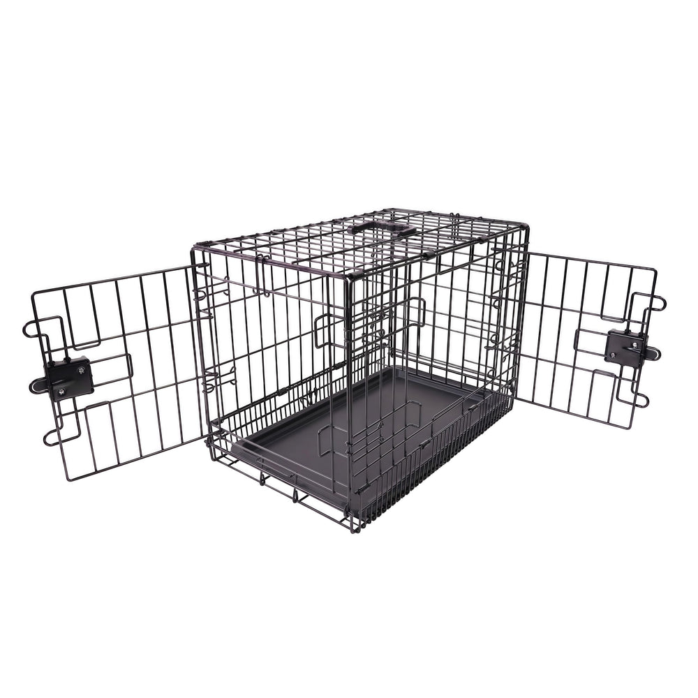 Amazon Basics foldable dog crate with removable tray for easy cleaning.