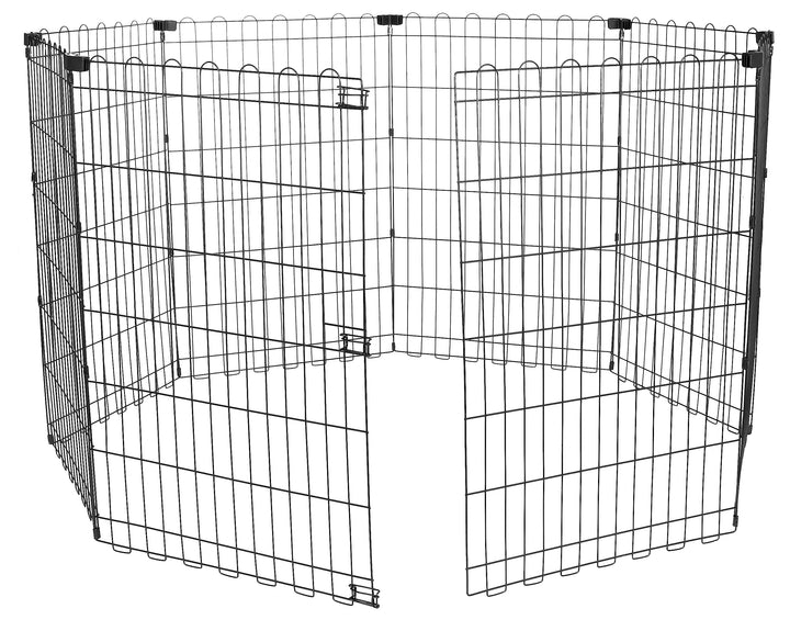 Amazon Basics foldable dog playpen panels connected for versatile play space.