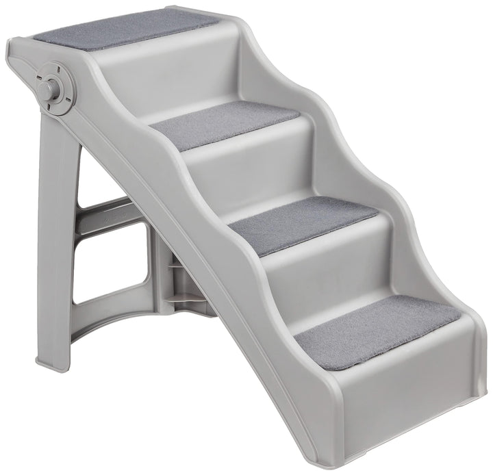 Amazon Basics foldable non-slip pet stairs in grey help small dogs reach beds safely.